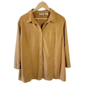 Kathy Ireland Tan Soft Suede Button-Up Shirt Sz M 3/4 Sleeve Academia Minimalist